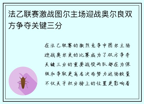 法乙联赛激战图尔主场迎战奥尔良双方争夺关键三分