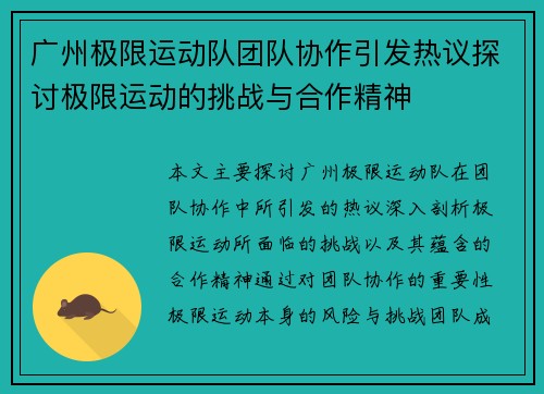 广州极限运动队团队协作引发热议探讨极限运动的挑战与合作精神