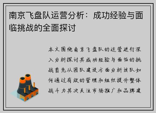 南京飞盘队运营分析：成功经验与面临挑战的全面探讨