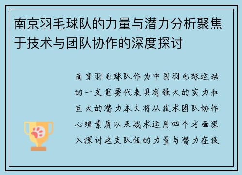 南京羽毛球队的力量与潜力分析聚焦于技术与团队协作的深度探讨