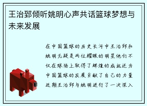 王治郅倾听姚明心声共话篮球梦想与未来发展