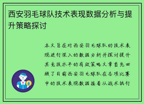 西安羽毛球队技术表现数据分析与提升策略探讨