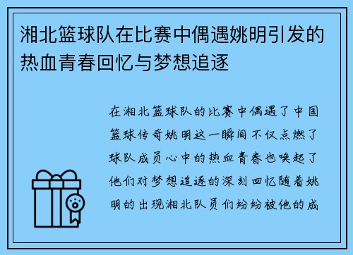 湘北篮球队在比赛中偶遇姚明引发的热血青春回忆与梦想追逐