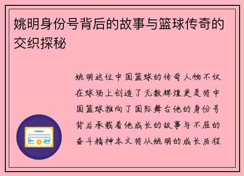 姚明身份号背后的故事与篮球传奇的交织探秘