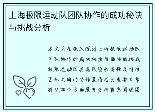上海极限运动队团队协作的成功秘诀与挑战分析