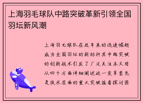 上海羽毛球队中路突破革新引领全国羽坛新风潮