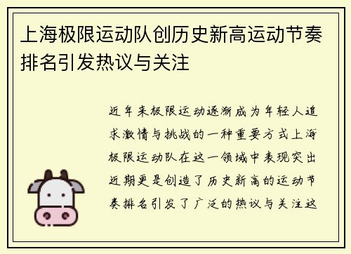 上海极限运动队创历史新高运动节奏排名引发热议与关注